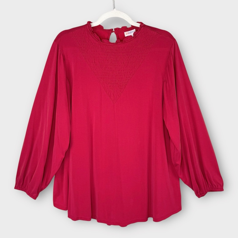 Lularoe Clara Red Smock Blouse L ruffle neck relaxed fit long sleeve keyhole EUC